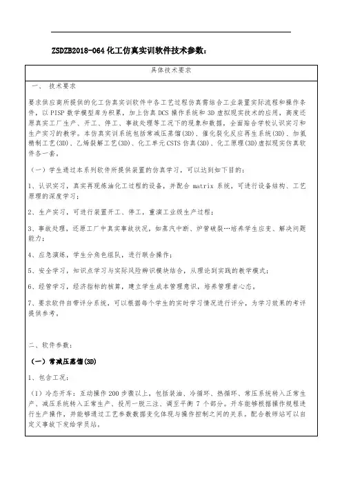 ZSDZB2018-064化工仿真实训软件技术参数