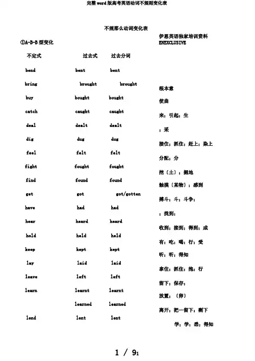 完整word版高考英语动词不规则变化表