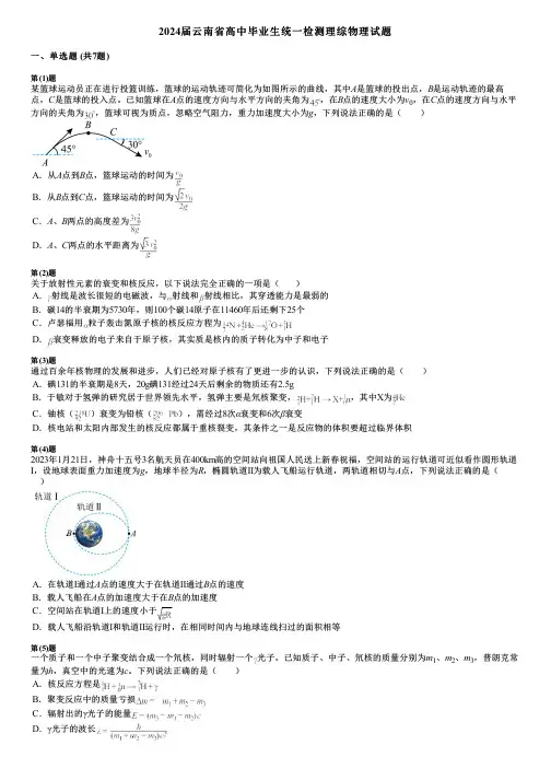 2024届云南省高中毕业生统一检测理综物理试题