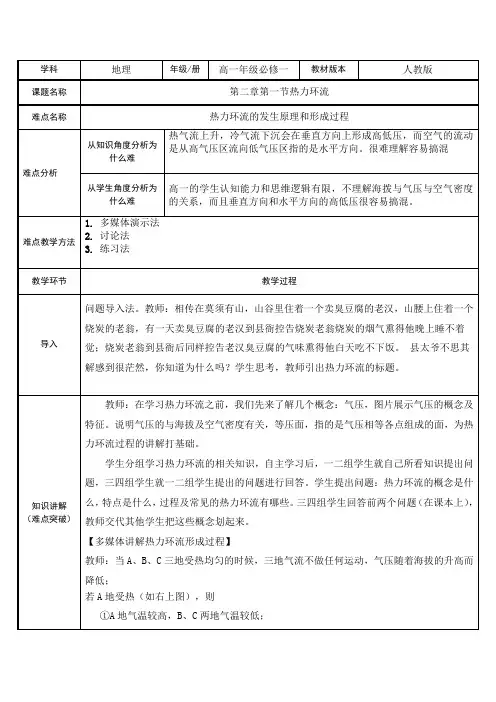 2.3大气受热过程与热力环流教案高中地理中图版必修一