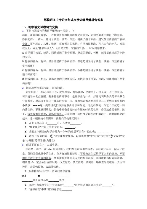 部编语文中考语文句式变换训练及解析含答案