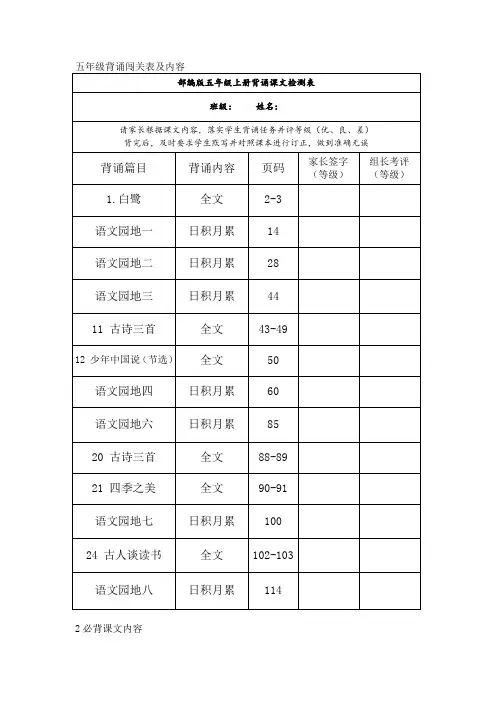 部编版小学五年级语文上册课文背诵闯关表及内容