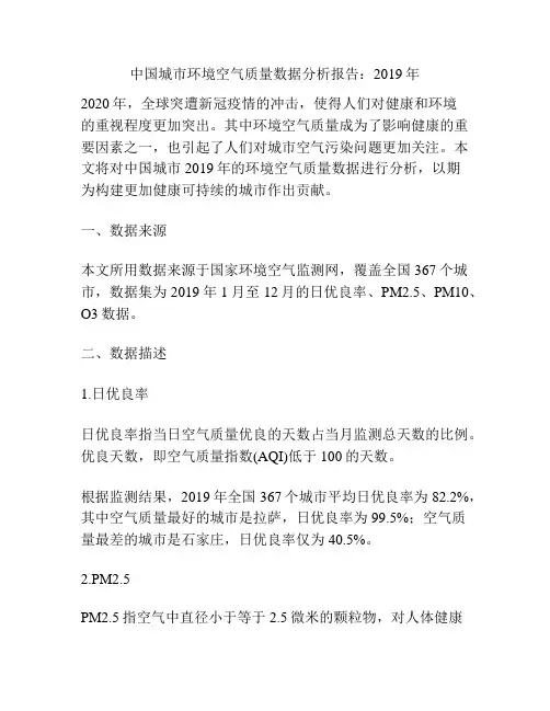 中国城市环境空气质量数据分析报告：2019年