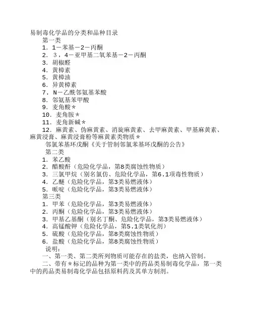 易制毒化学品的分类和品种目录