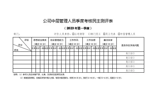 中层管理人员季度考核民主测评表