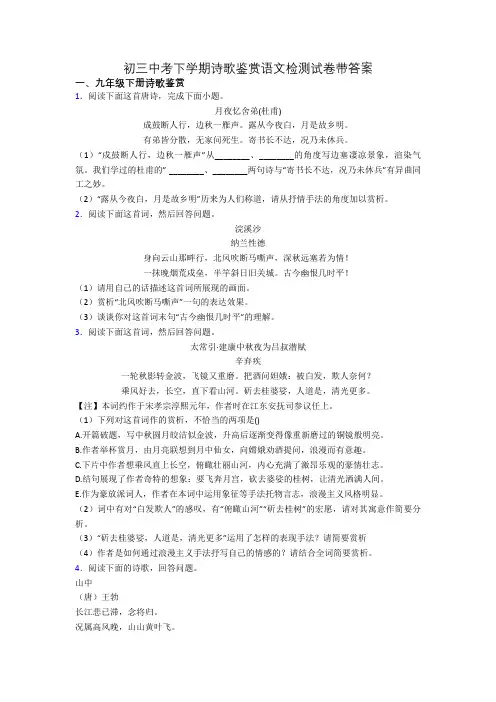 初三中考下学期诗歌鉴赏语文检测试卷带答案