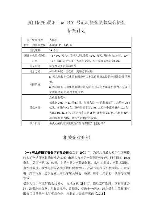 厦门信托晨阳工贸1401号流动资金贷款集合资金信托计划