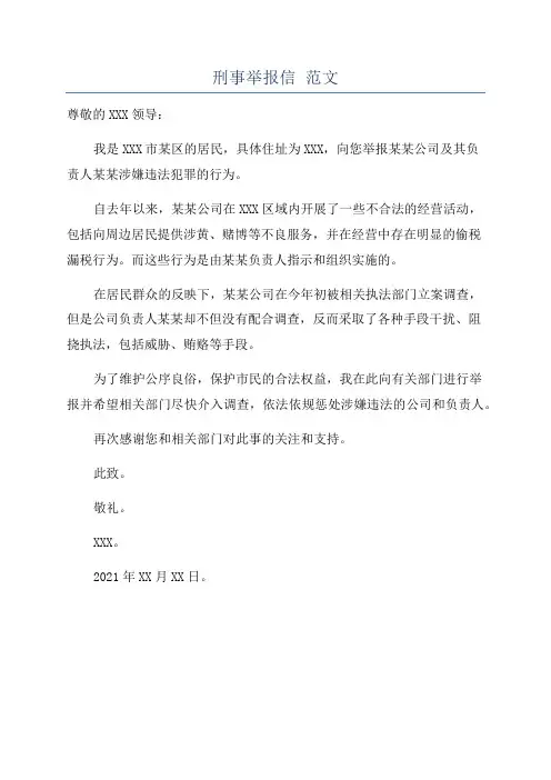 刑事举报信 范文