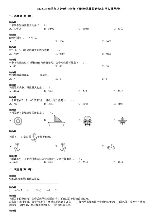 2023-2024学年人教版二年级下册数学暑假数学小巨人挑战卷