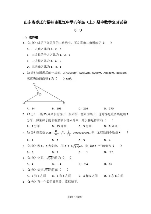 山东省枣庄市滕州市张汪中学八年级(上)期中数学复习试卷(一)