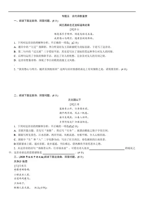 2021年中考语文专题复习训练：专题5 古代诗歌鉴赏