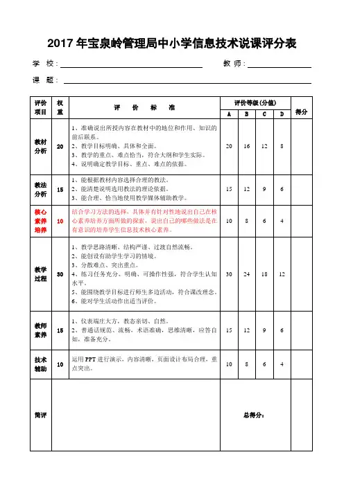 中小学信息技术说课评价标准及评分表