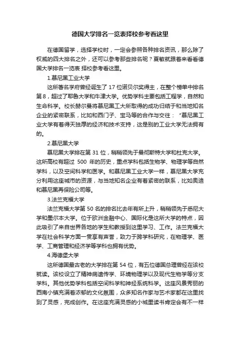 德国大学排名一览表择校参考看这里