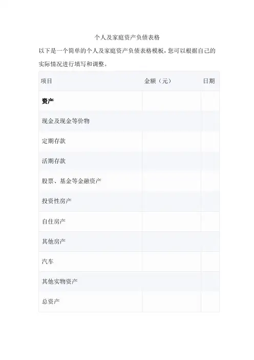 个人及家庭资产负债表格
