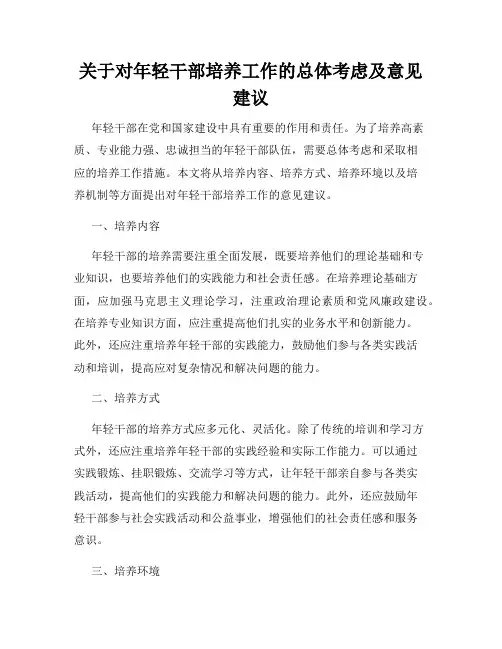 关于对年轻干部培养工作的总体考虑及意见建议
