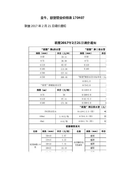 金牛、联塑管业价格表170407