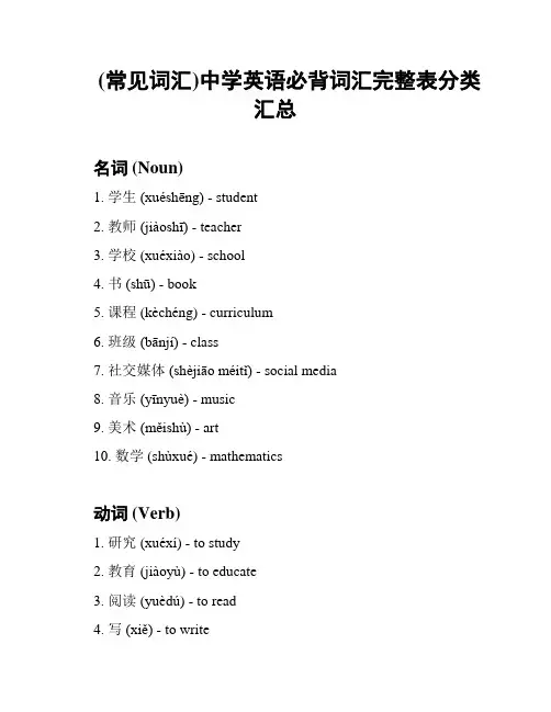 (常见词汇)中学英语必背词汇完整表分类汇总