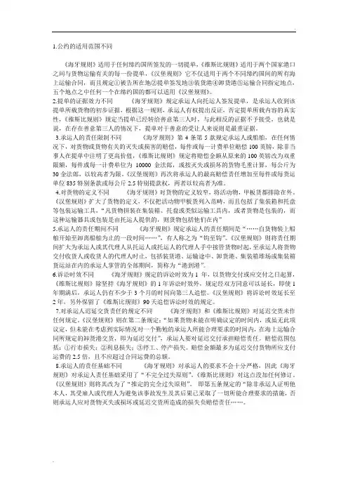 《海牙规则》《维斯比规则》和《汉堡规则》的区别