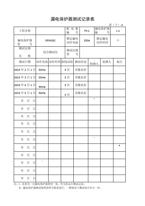 漏电保护器测试记录表(范本)