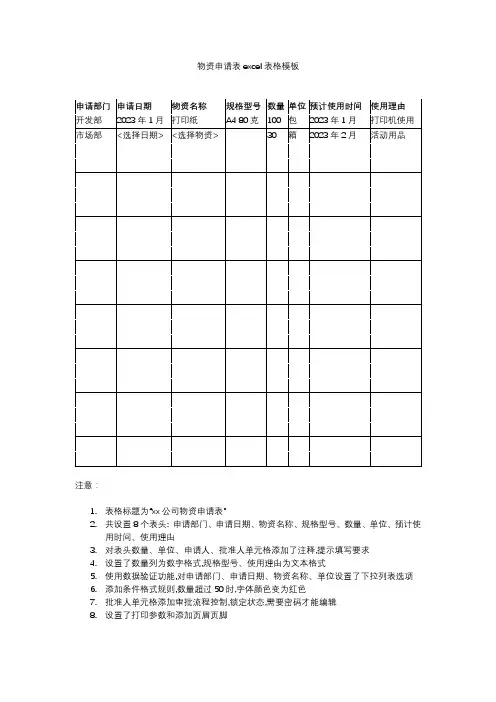 物资申请表excel表格模板