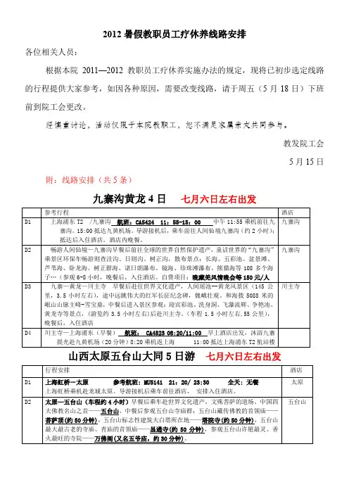 2012暑假教职员工疗休养线路安排