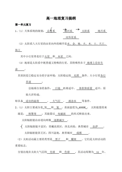 人教版地理必修一复习提纲答案版