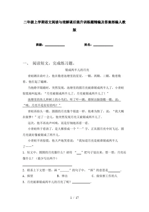 二年级上学期语文阅读与理解课后提升训练题精编及答案部编人教版