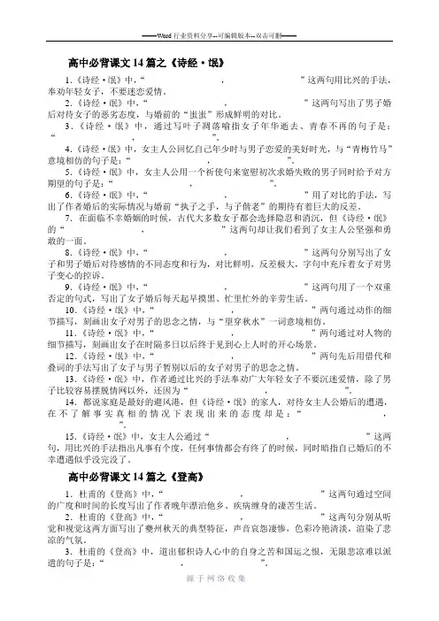 高中14篇单独篇目理解默写(情景默写)整理版及答案