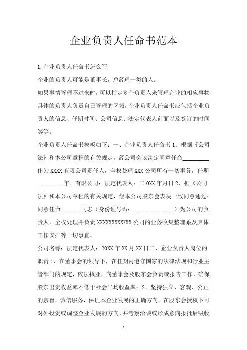 企业负责人任命书范本