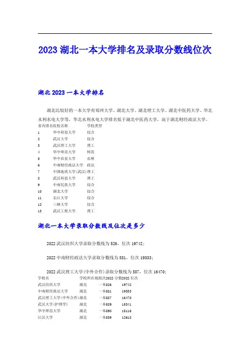 2023湖北一本大学排名及录取分数线位次