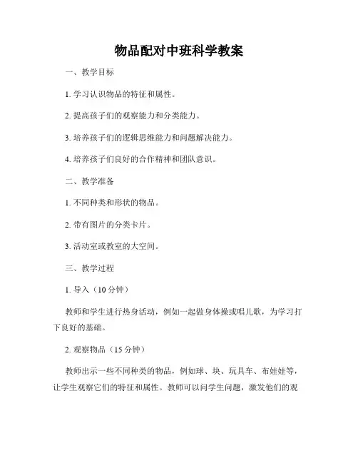 物品配对中班科学教案