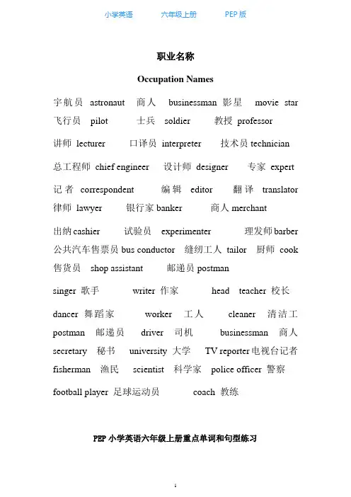 人教PEP版小学英语六年级上册常见职业名称