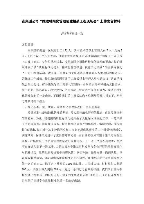在集团公司“推进精细化管理创建精品工程现场会”上的发言材料