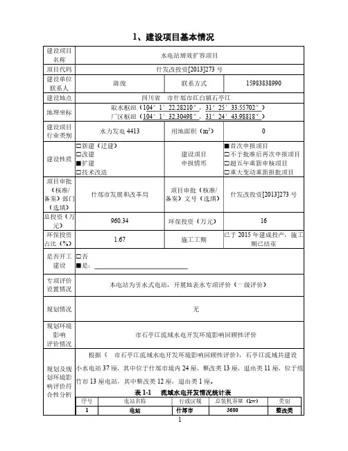 四川水电站增效扩容项目环境影响报告表引水式电站