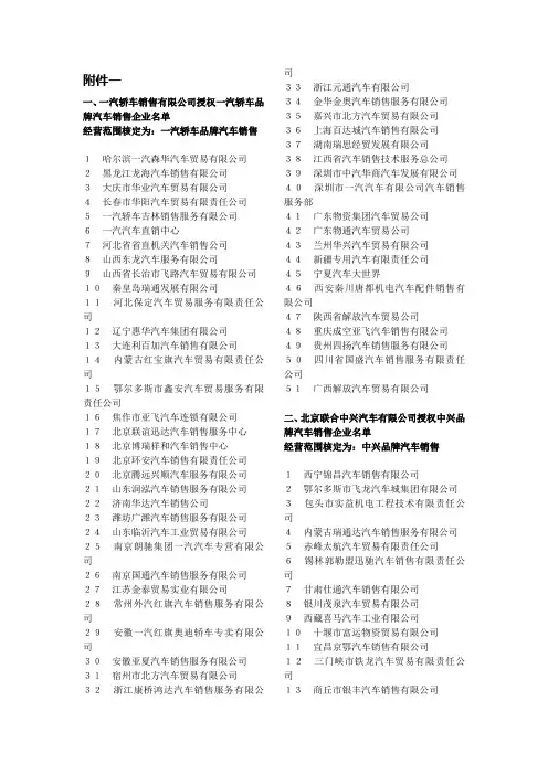 一,一汽轿车销售有限公司授权一汽轿车品牌汽车销售企业名单