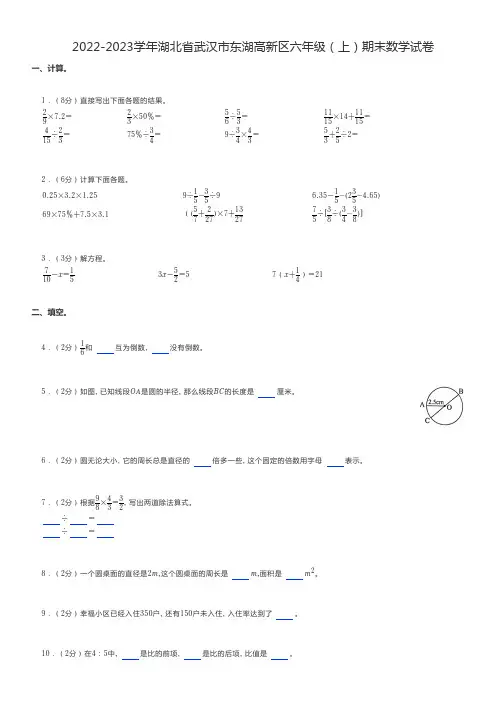 小学数学2022-2023学年湖北省武汉市六年级(上)期末数学试卷