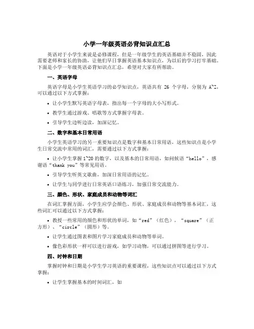 小学一年级英语必背知识点汇总