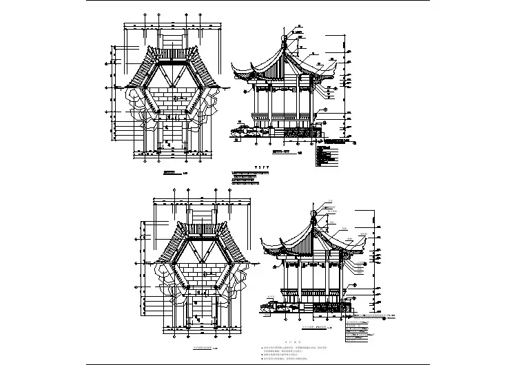 公园某地六角园林仿古亭全套施工设计cad图纸（含亭平面图及仰视图）