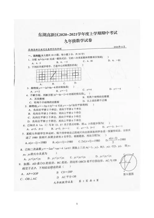 湖北省武汉市东湖高新区2020-2021学年上学期期中考试九年级数学试卷(含答案)