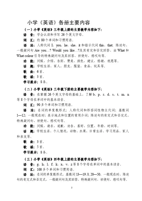 小学《英语》各册主要内容