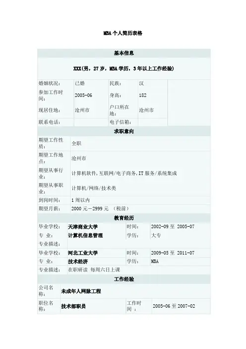MBA个人简历表格
