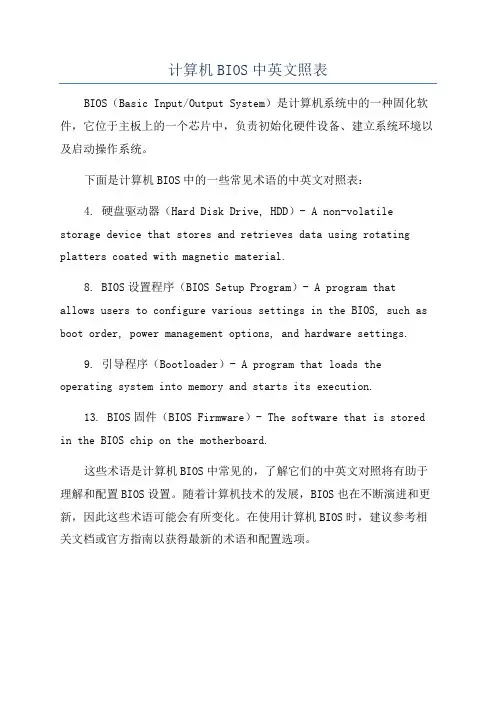 计算机BIOS中英文照表