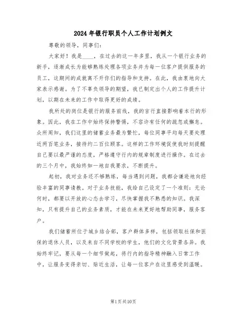 2024年银行职员个人工作计划例文（五篇）