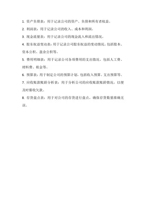 会计做账常用表格