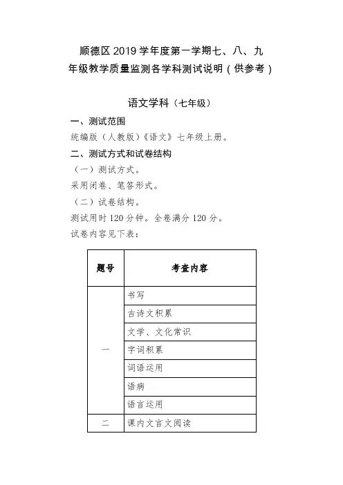 广东佛山顺德初中教学质量监测各学科测试说明