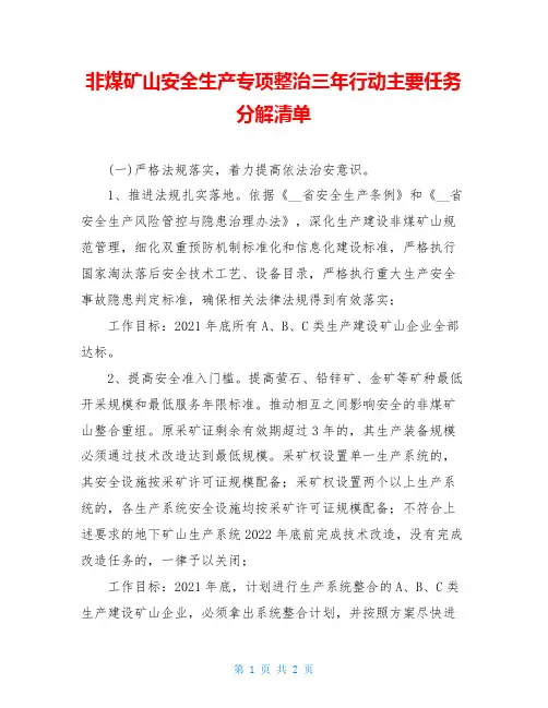非煤矿山安全生产专项整治三年行动主要任务分解清单