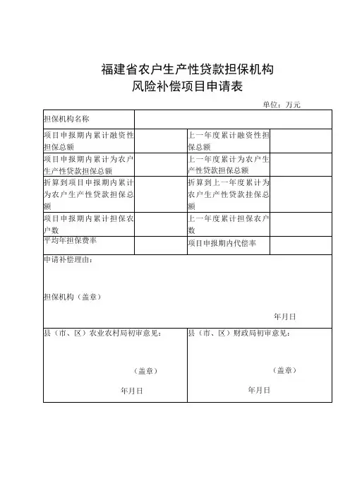 福建省农户生产性贷款担保机构风险补偿项目申请表