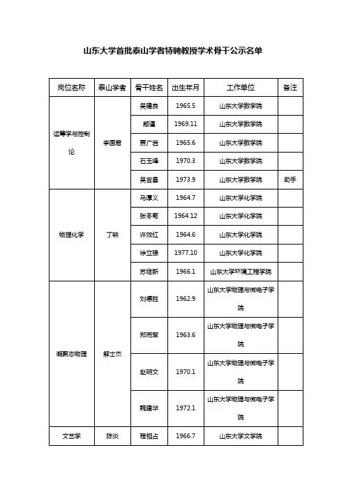 山东大学首批泰山学者特聘教授学术骨干公示名单