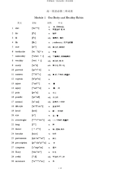 外研版高一英语必修二单词表格
