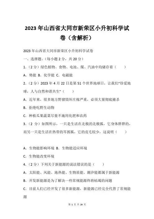 2023年山西省大同市新荣区小升初科学试卷(含解析)